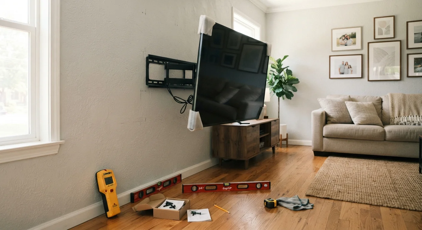 A living room with a TV being wall-mounted, tools including a stud finder and level resting nearby