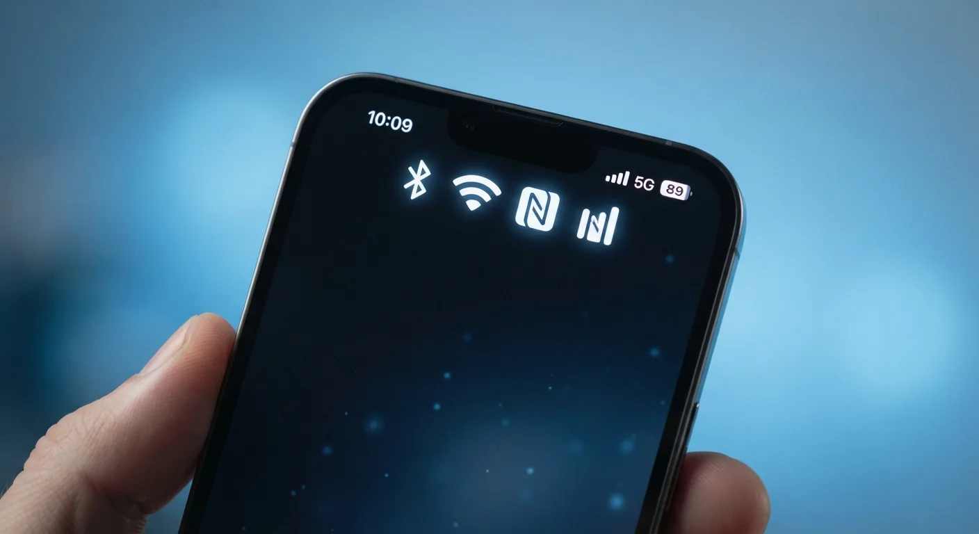 Smartphone screen showing Bluetooth, Wi-Fi, and NFC wireless connectivity icons glowing