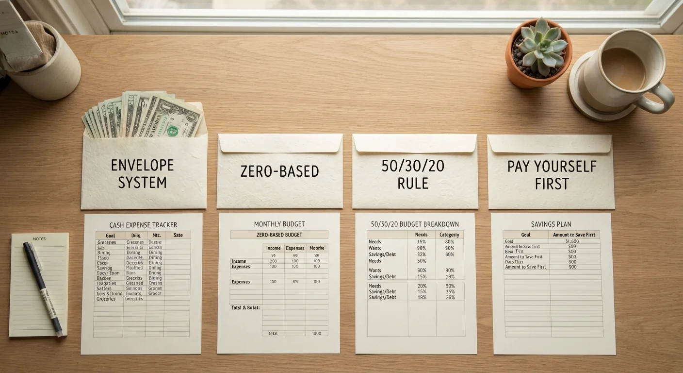 Budget Methods Side by Side: Zero-Based, 50/30/20, Envelope, and Pay-Yourself-First