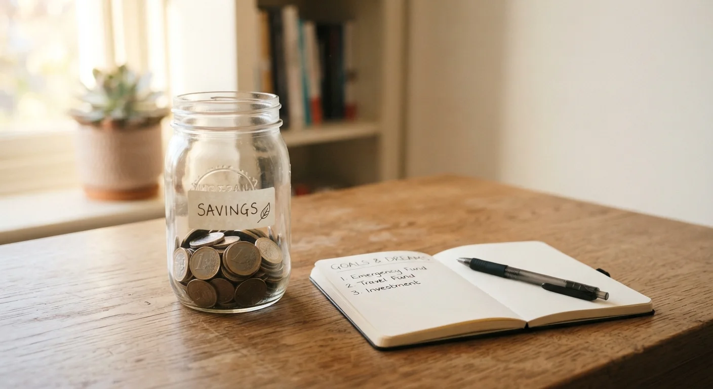 A glass jar filling with coins on a wooden desk next to a savings notebook