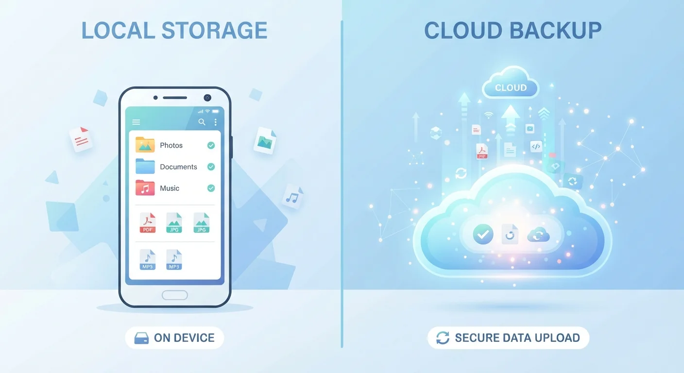 Split illustration comparing on-device storage on a smartphone and cloud storage with data flowing to the cloud