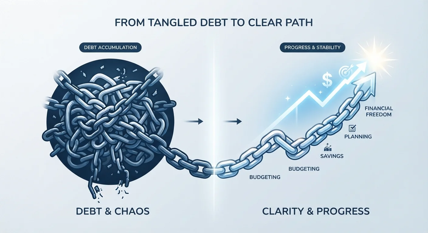 Visual metaphor of tangled chains becoming a clear upward path representing debt payoff clarity