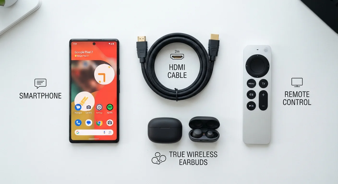 Assorted consumer electronics including remote control, HDMI cable, smartphone, and earbuds on white surface