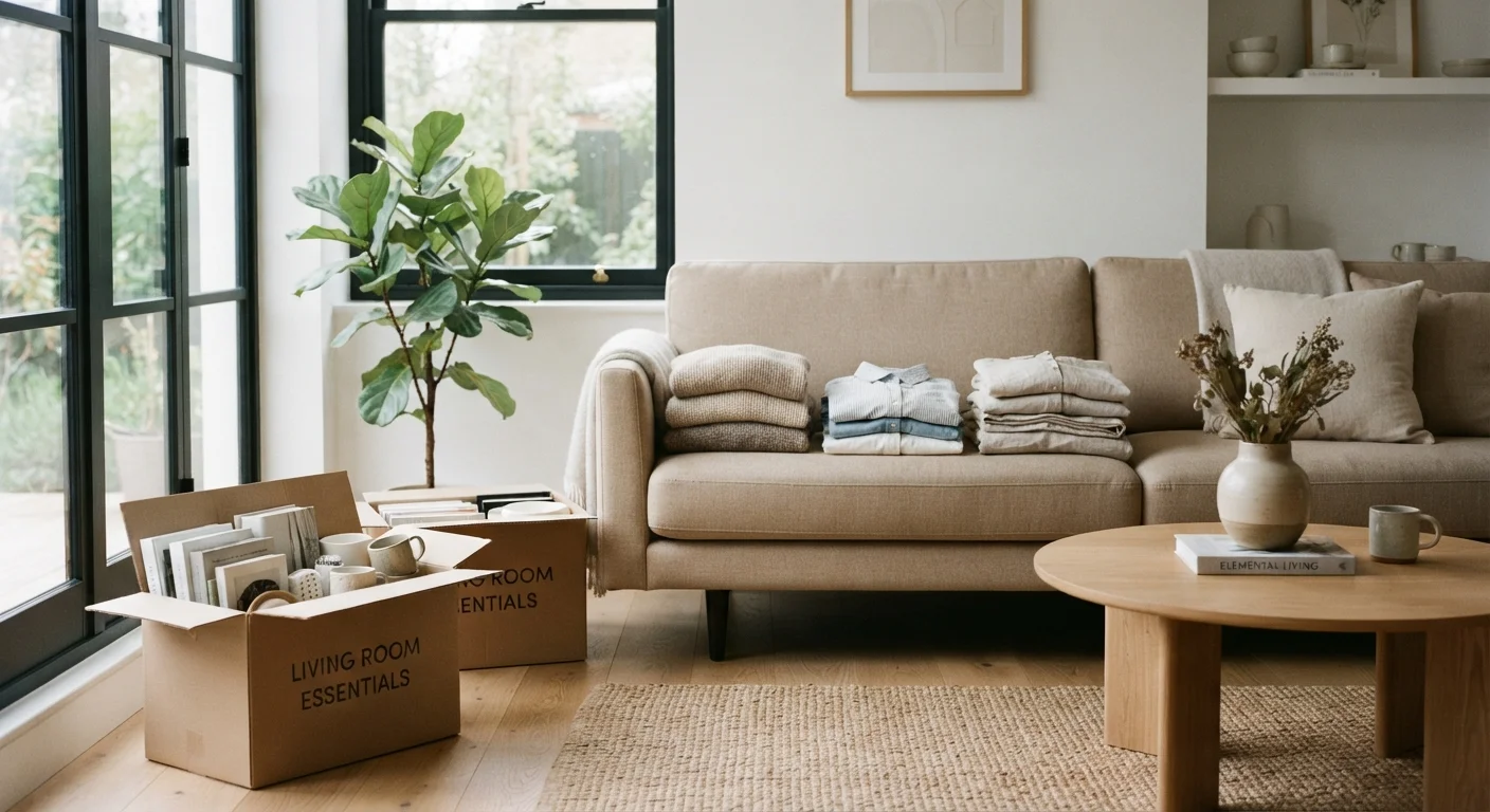 Neatly sorted piles of household items arranged on a couch during a decluttering session