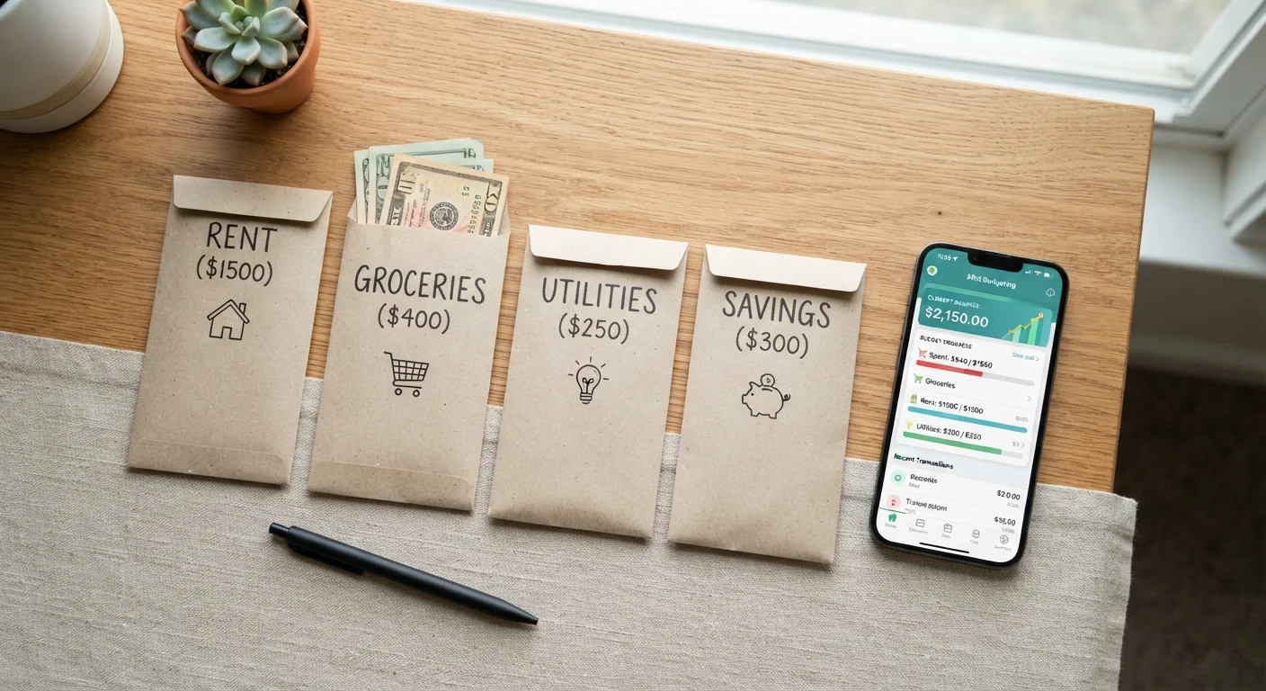 Paper budget envelopes with category labels placed next to a smartphone showing a budgeting app
