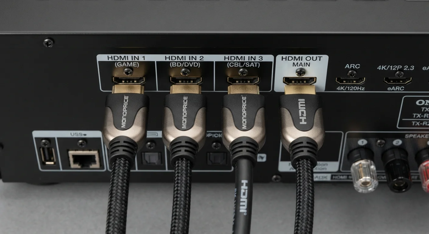 Assorted HDMI cables and connectors arranged to show different types and sizes