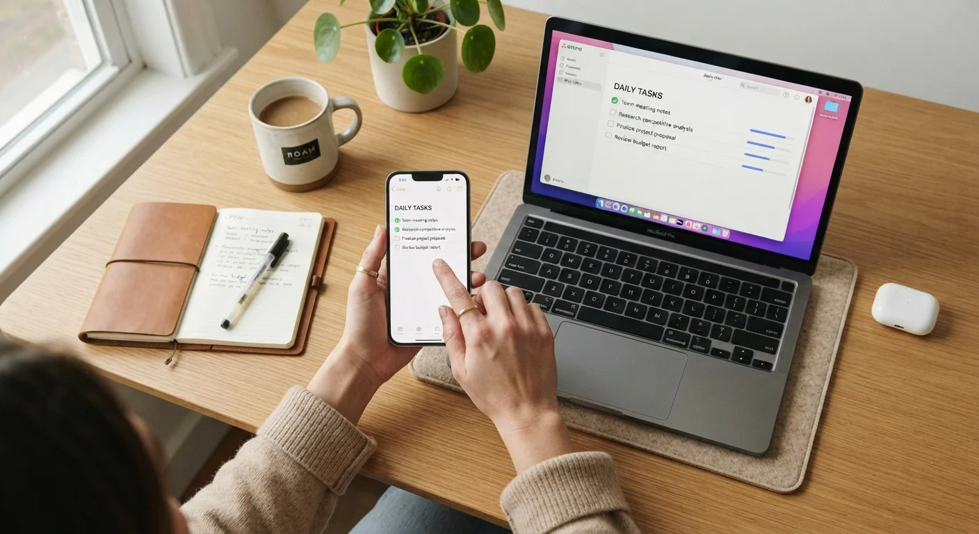 Person holding a smartphone next to a laptop with a checklist visible on screen