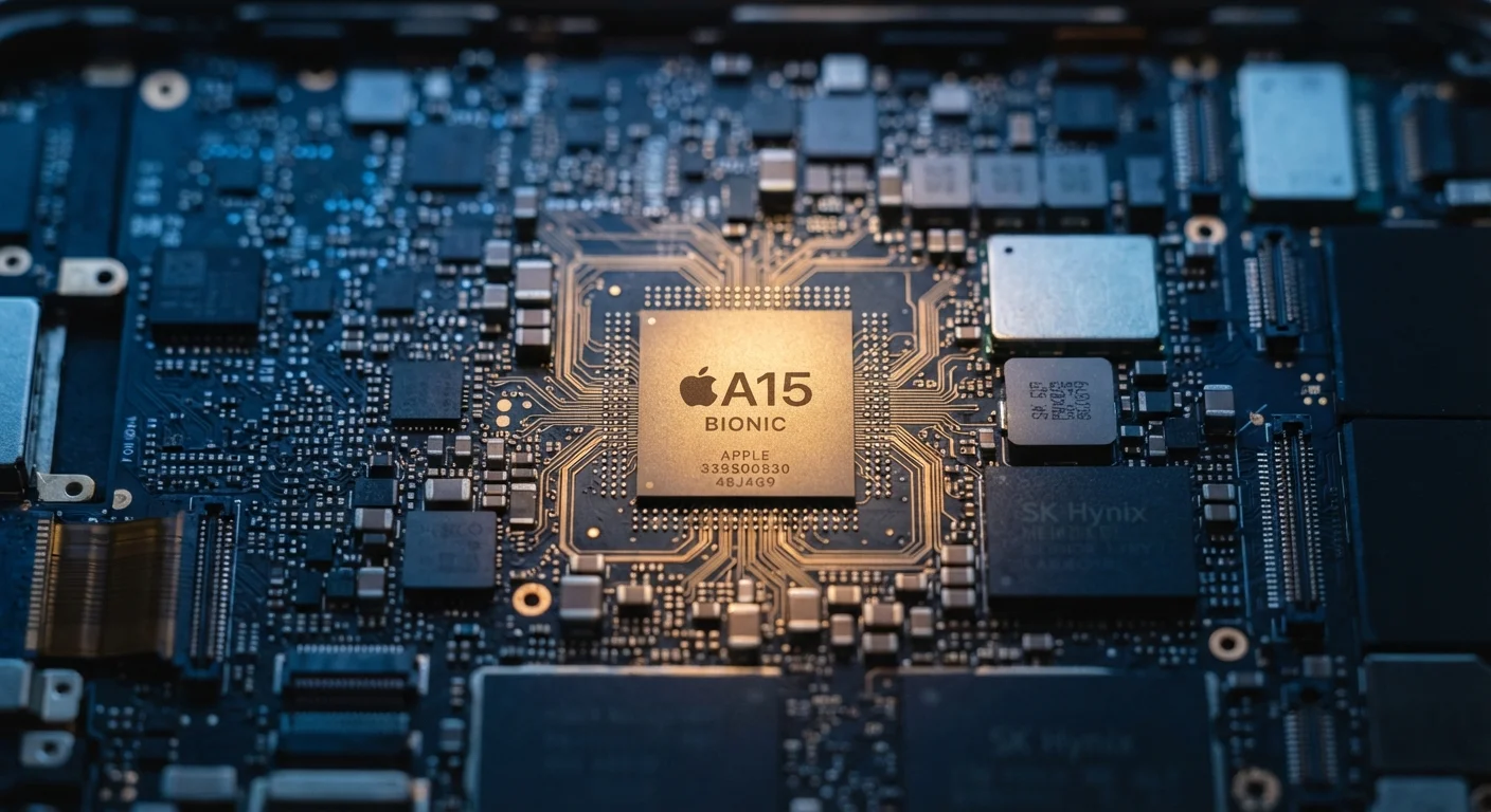 Close-up view of a smartphone motherboard with the processor chip highlighted at the center