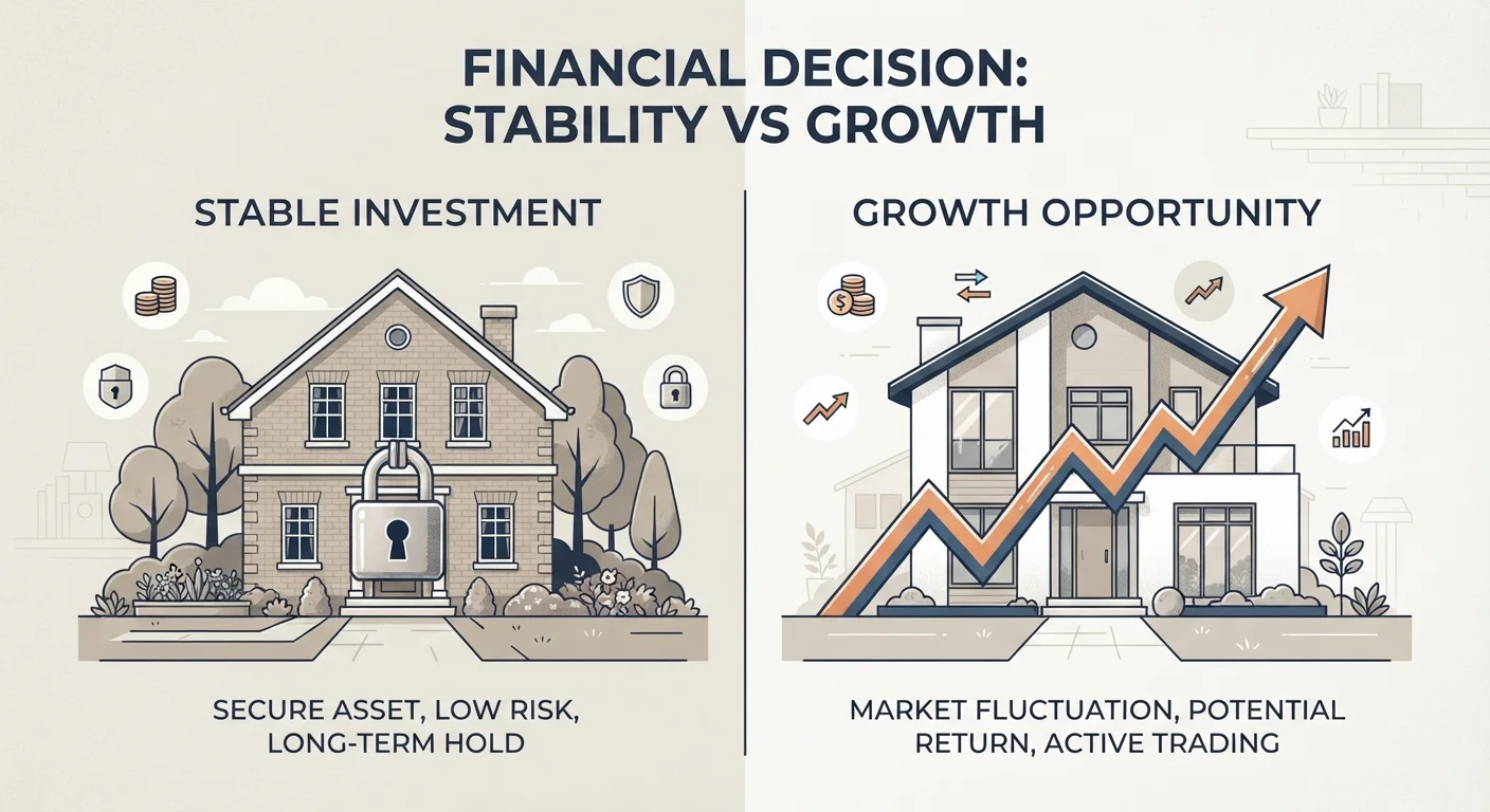 Split illustration contrasting a stable fixed-rate mortgage home and a fluctuating adjustable-rate mortgage home