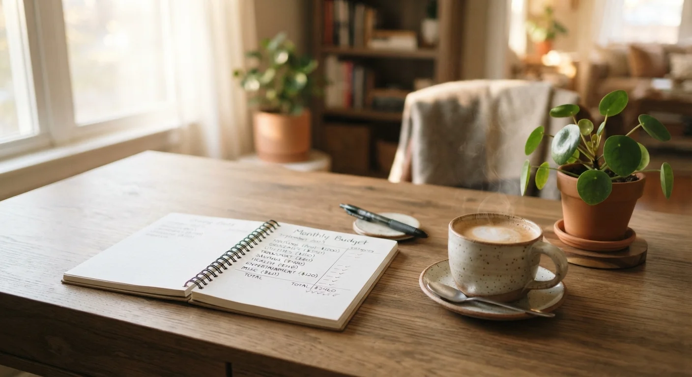 A neatly organized desk with a budget notebook, coffee cup, and small plant