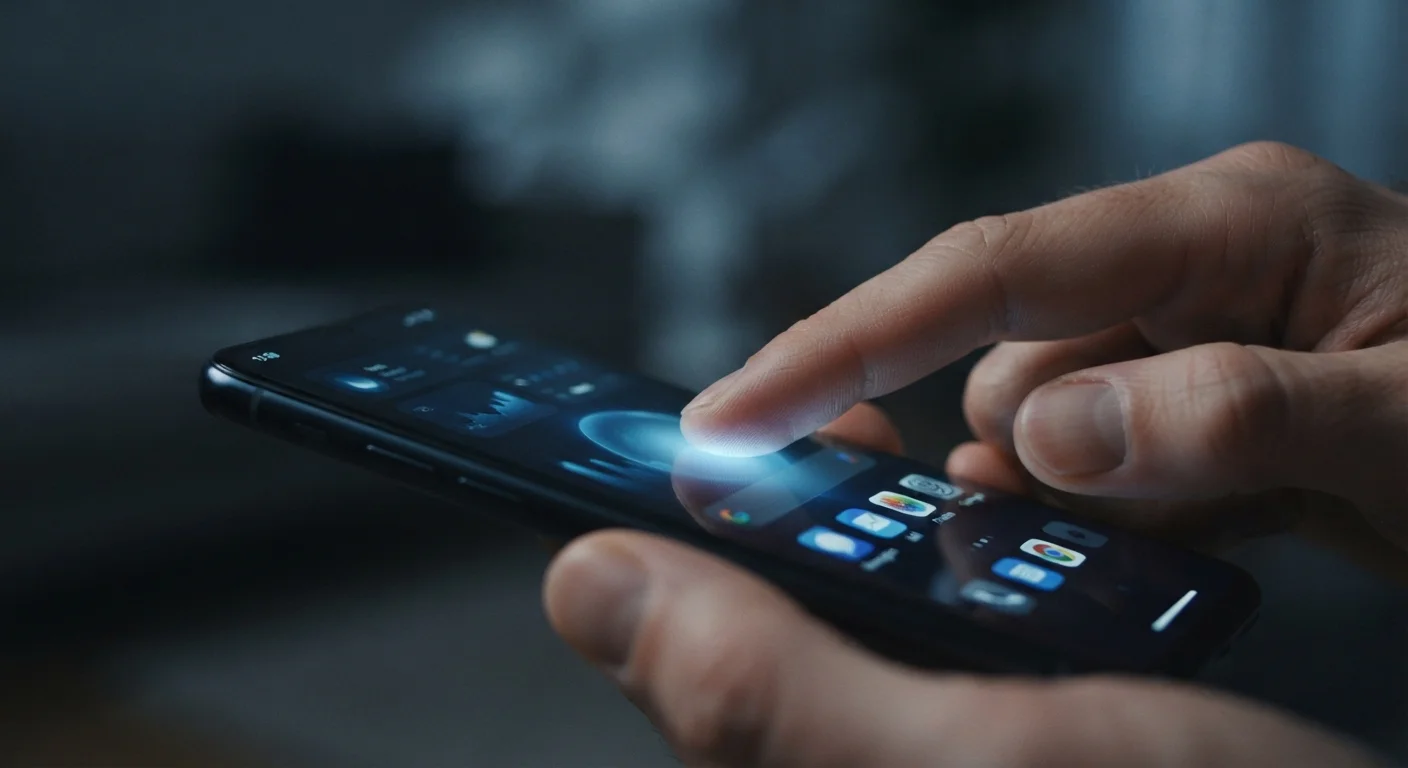 A fingertip touching a smartphone touchscreen with glowing blue light at the contact point