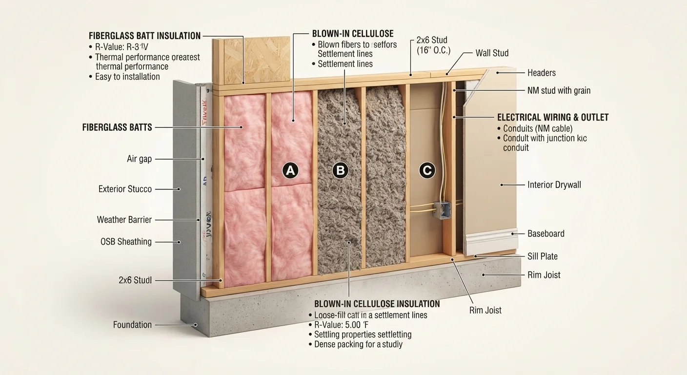 Cross-section of a home wall showing layers of insulation material inside the cavity