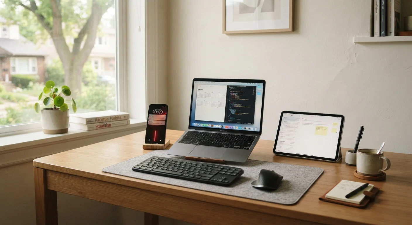 Neatly arranged laptop, smartphone, and tablet on a clean home office desk.