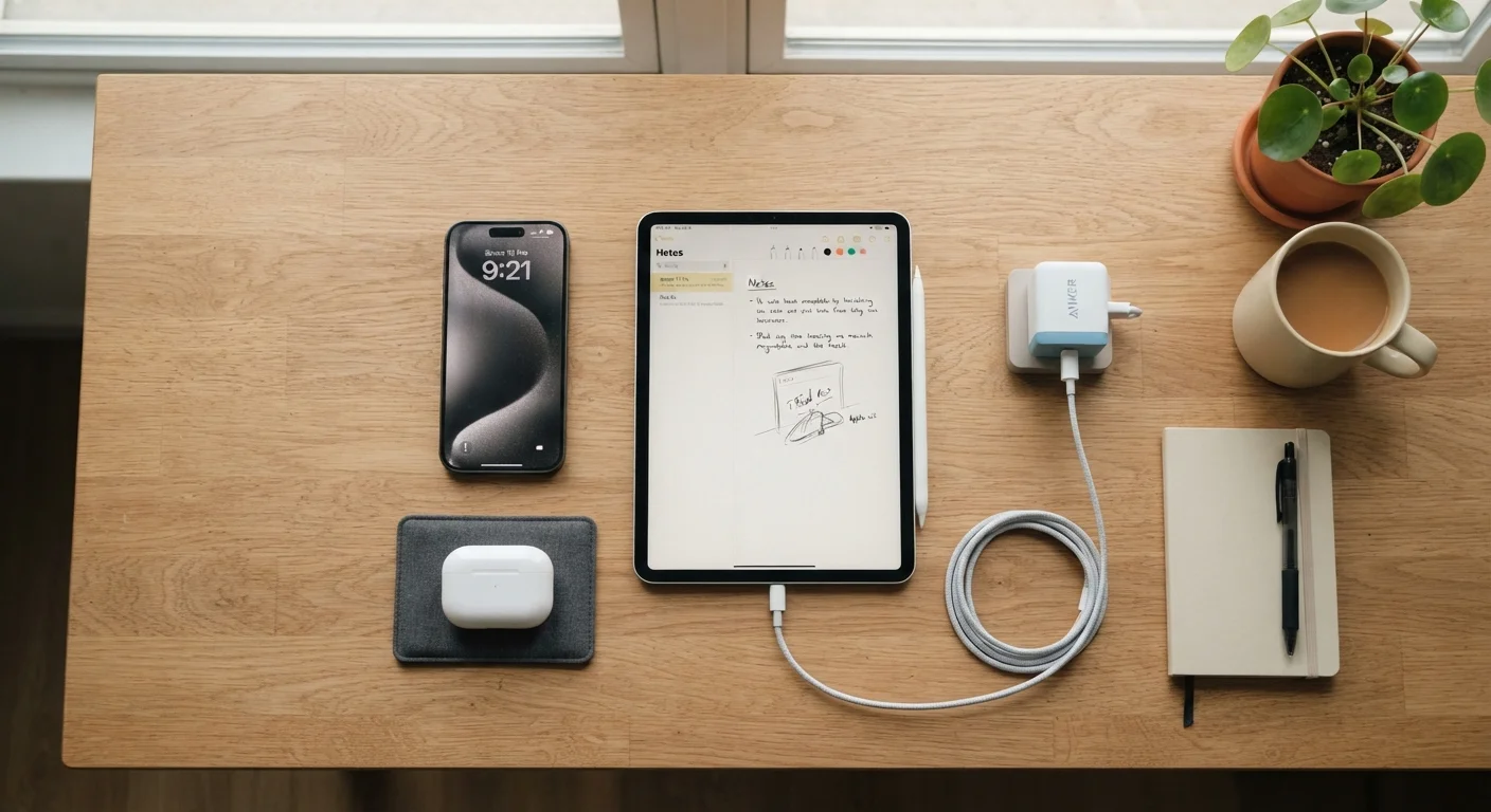 Smartphone, tablet, earbuds, and charger arranged neatly on a wooden desk surface