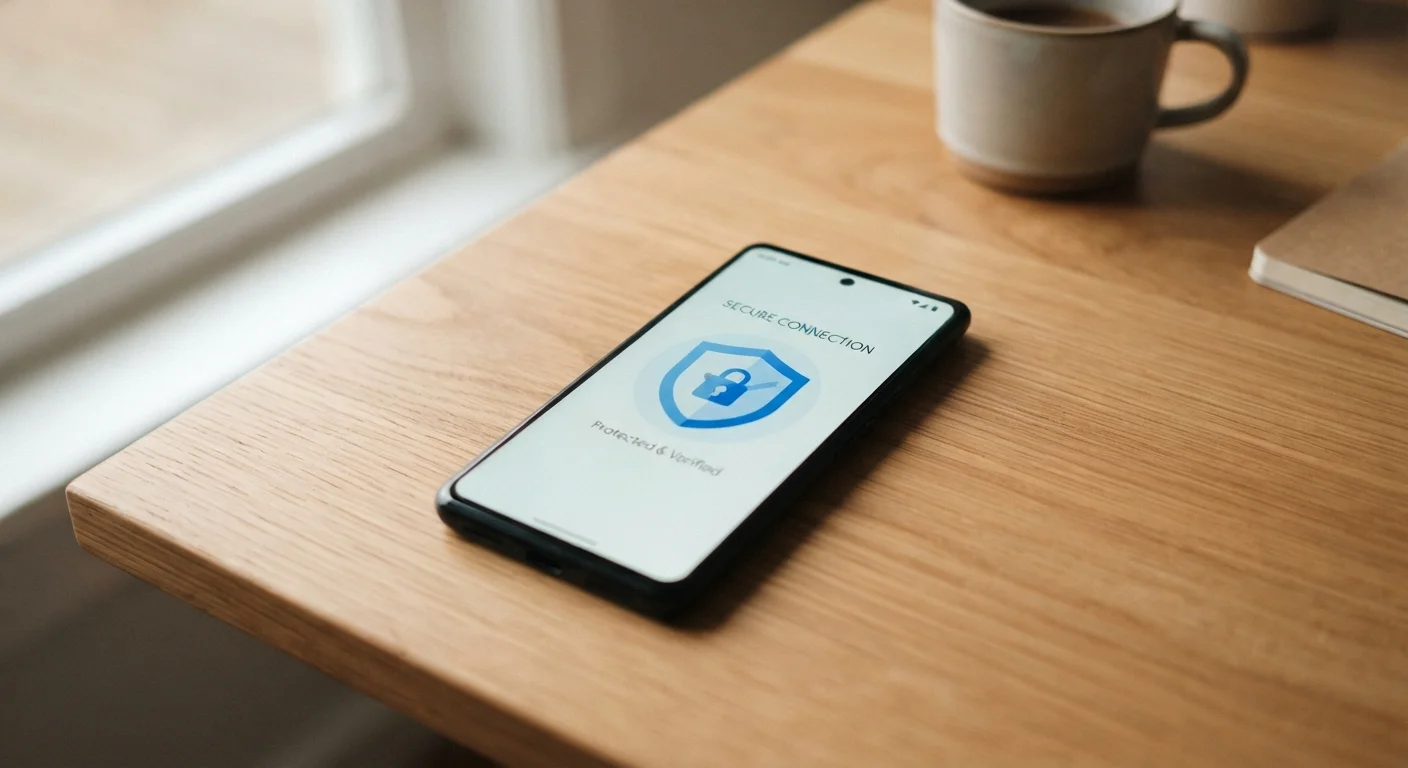 Smartphone on a desk displaying a digital lock and security shield icon