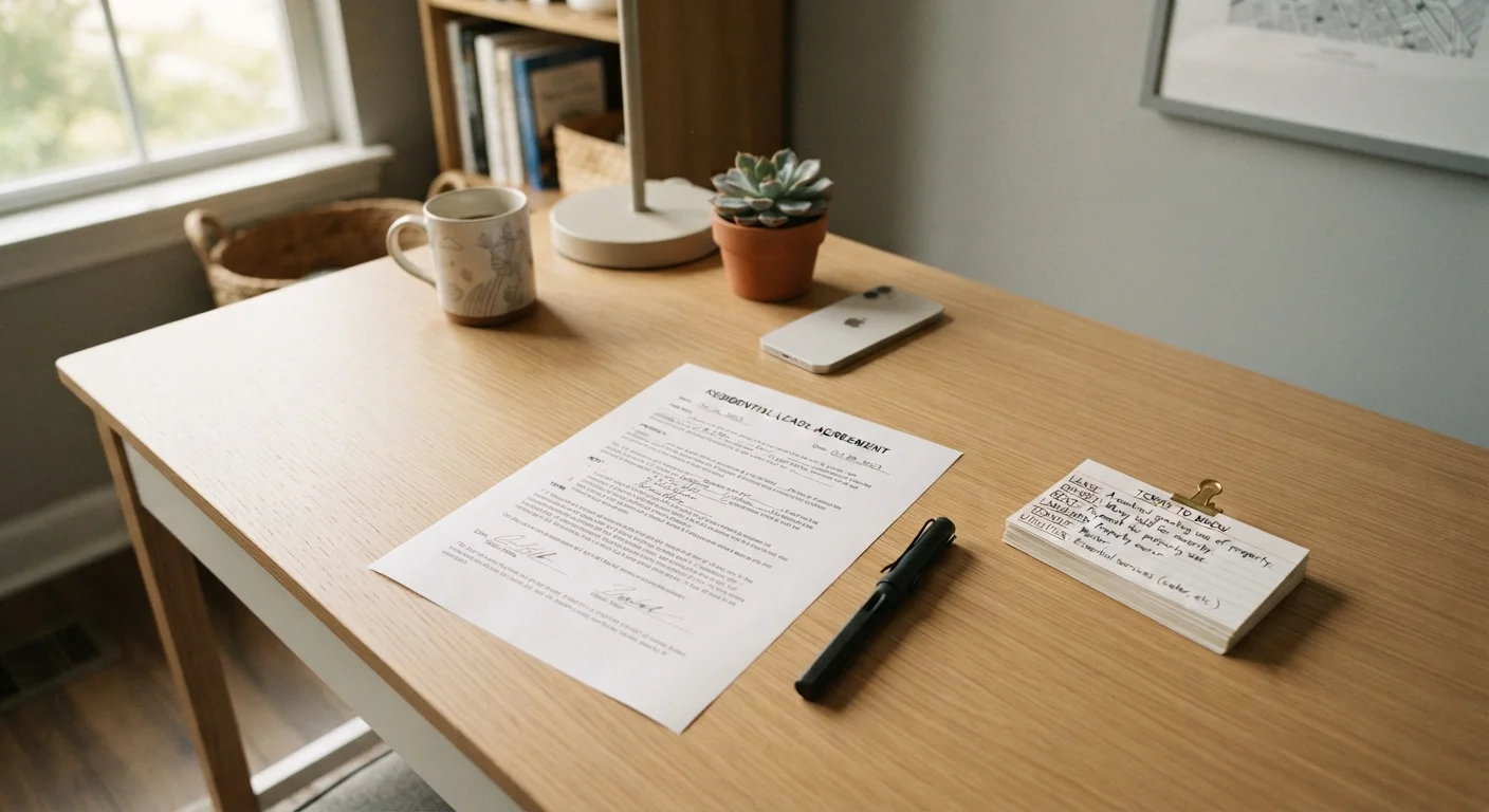 A rental lease document on a desk with a pen and definition cards nearby.