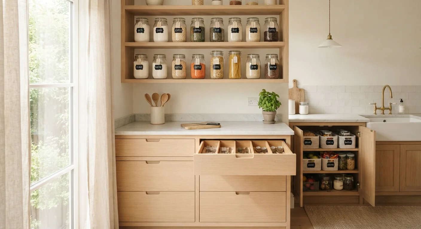 Neatly organized kitchen with labeled containers, arranged shelves, and tidy drawer storage