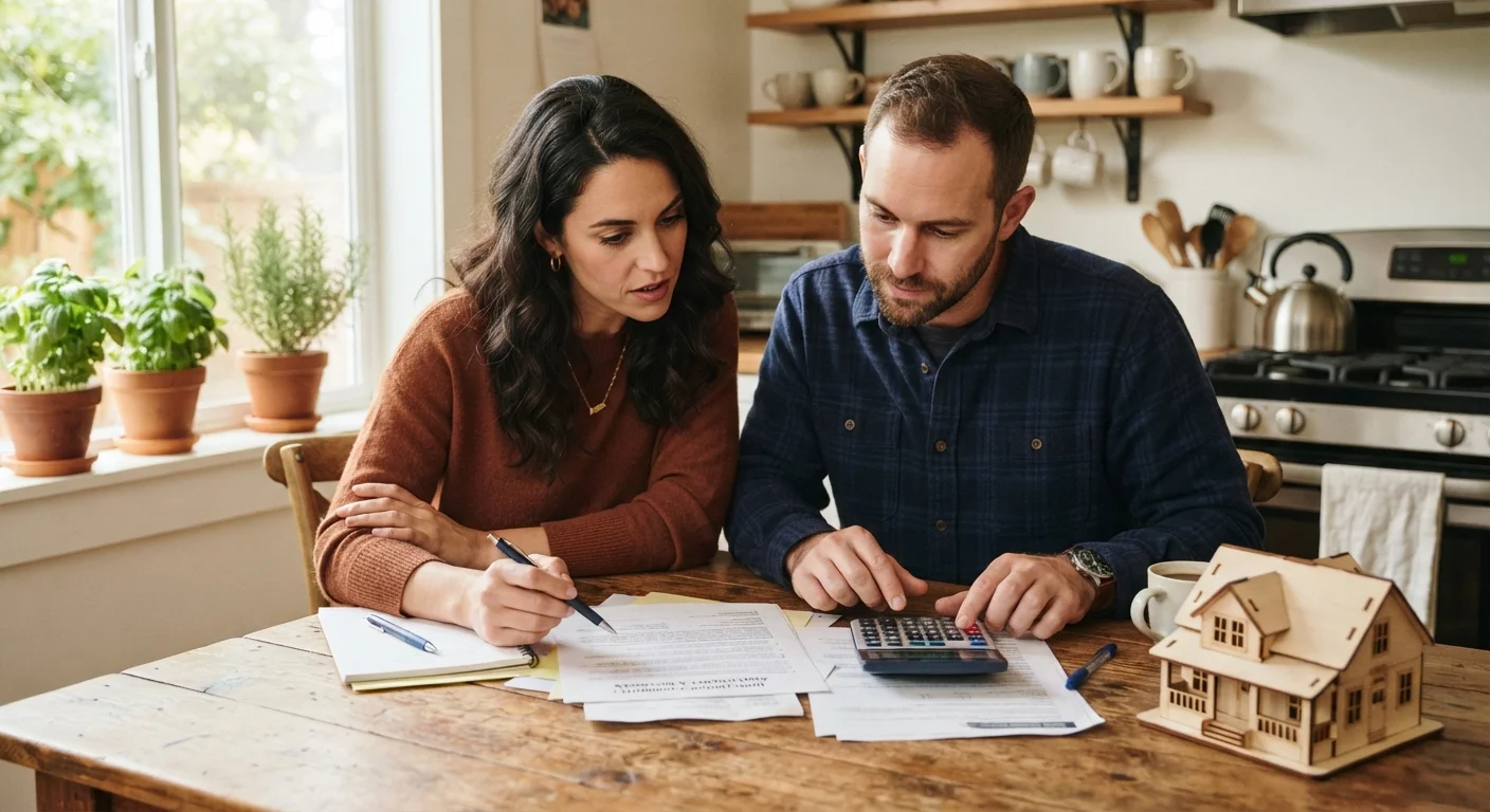 A couple reviewing a home purchase offer at a kitchen table with documents and a calculator