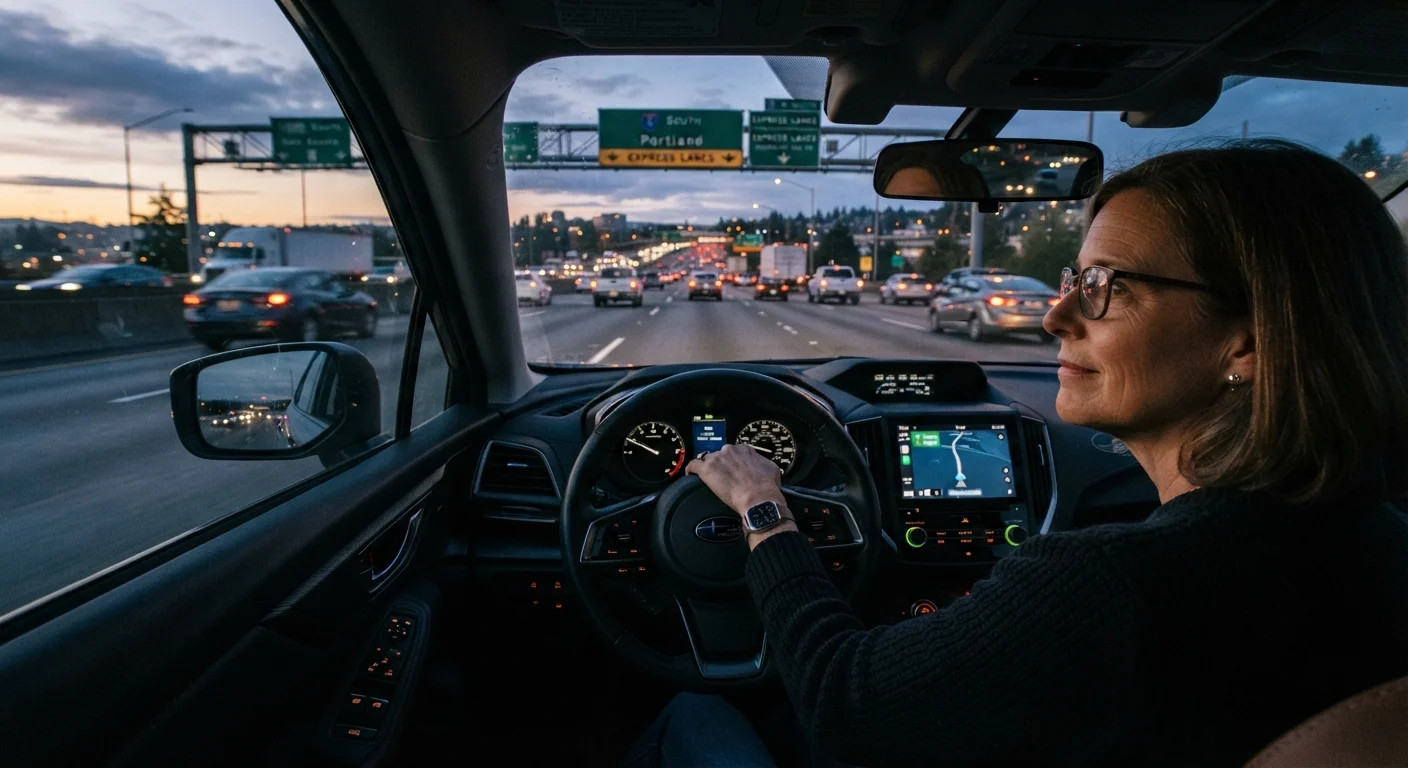 Driver calmly gripping steering wheel on a busy multi-lane highway at dusk