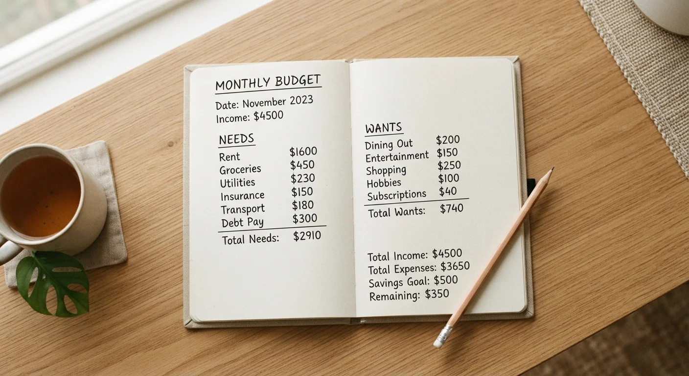 Open budget notebook with two columns labeled Needs and Wants, pencil beside it on a desk
