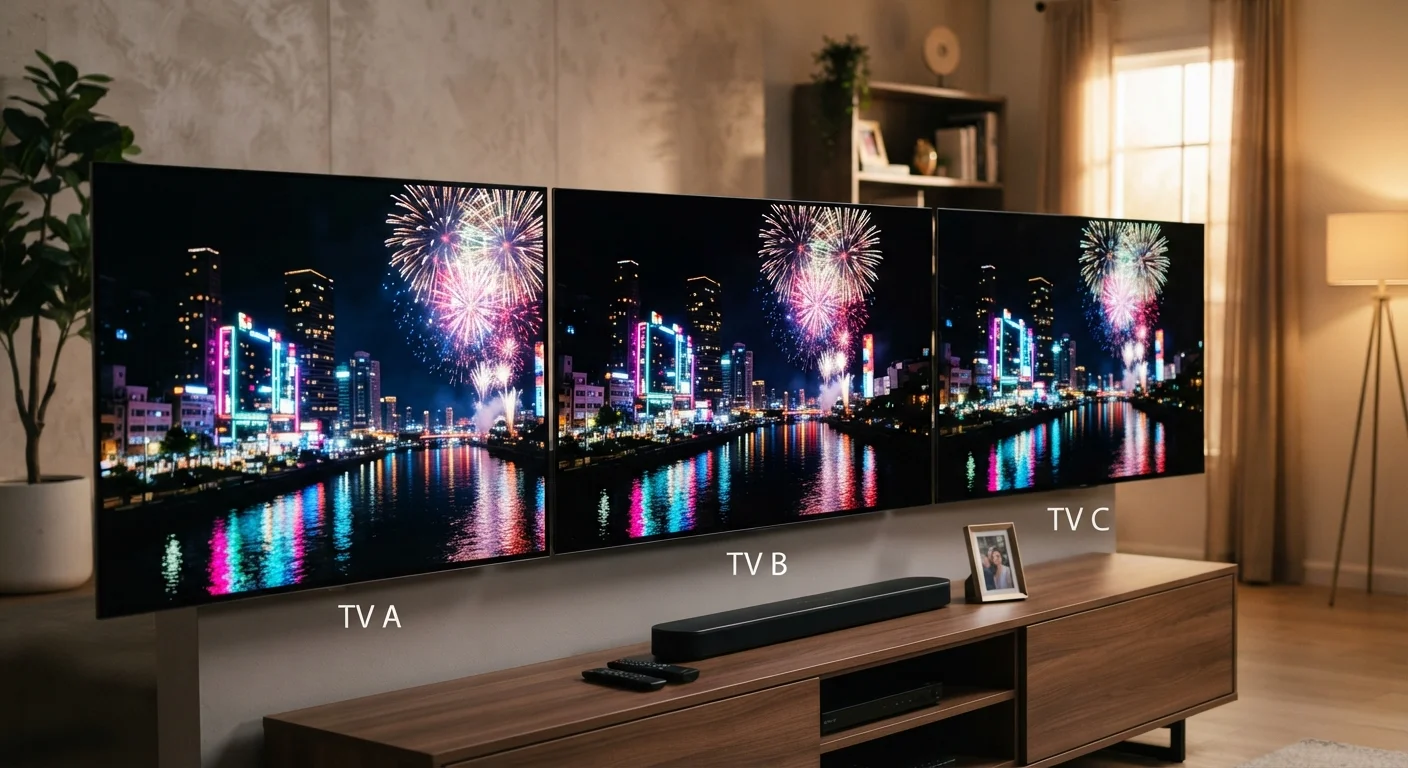 Three television screens side by side displaying vivid colors, deep blacks, and bright highlights