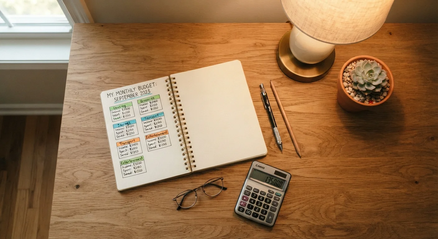 A notebook with a handwritten budget chart on a clean wooden desk with a calculator and pencil