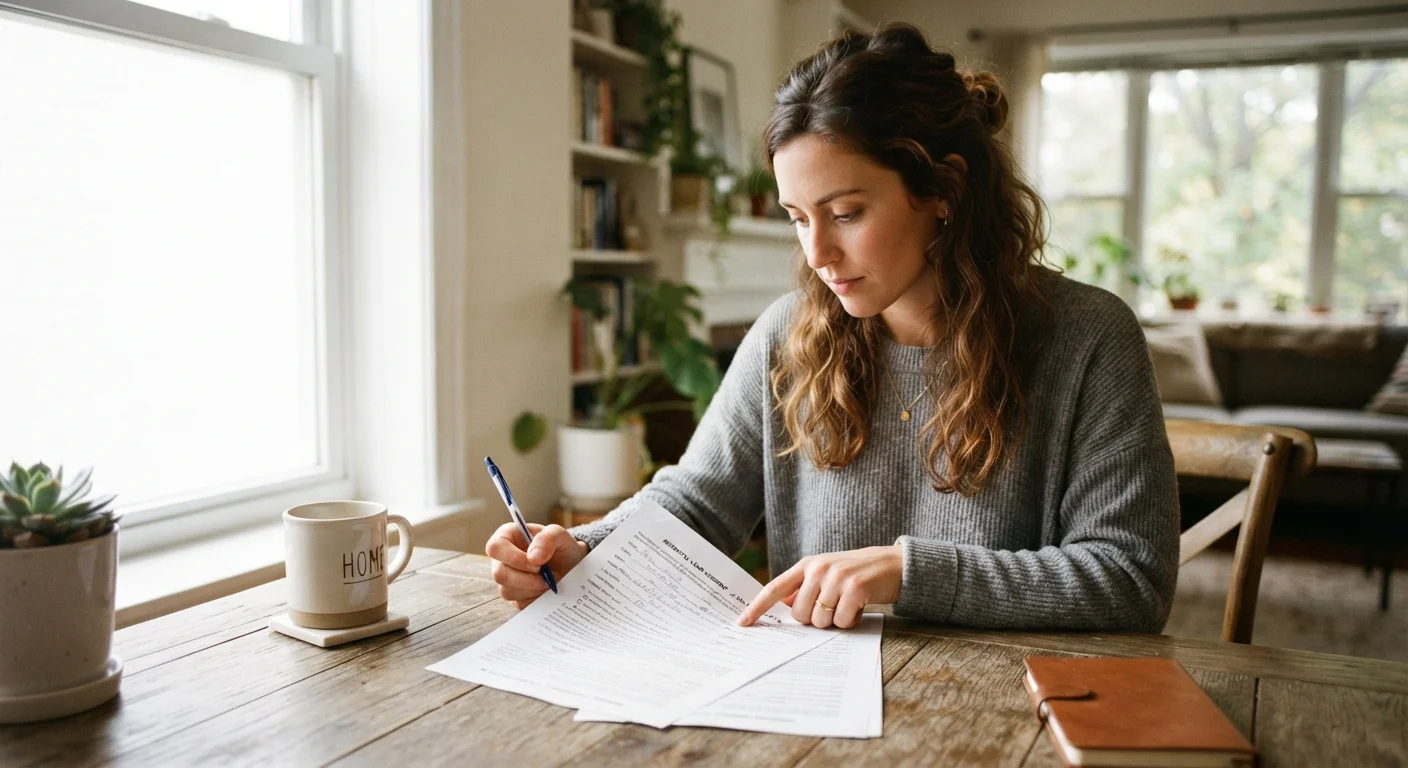 Person carefully reviewing a rental lease agreement at a table with natural light
