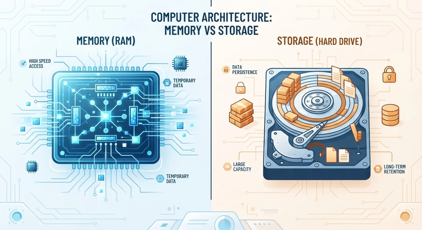 Split illustration contrasting RAM memory chip on the left and storage drive on the right