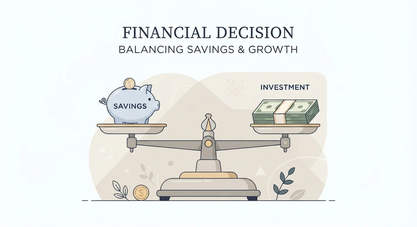 A scale balancing a piggy bank and a stack of debt bills, representing savings versus debt decisions