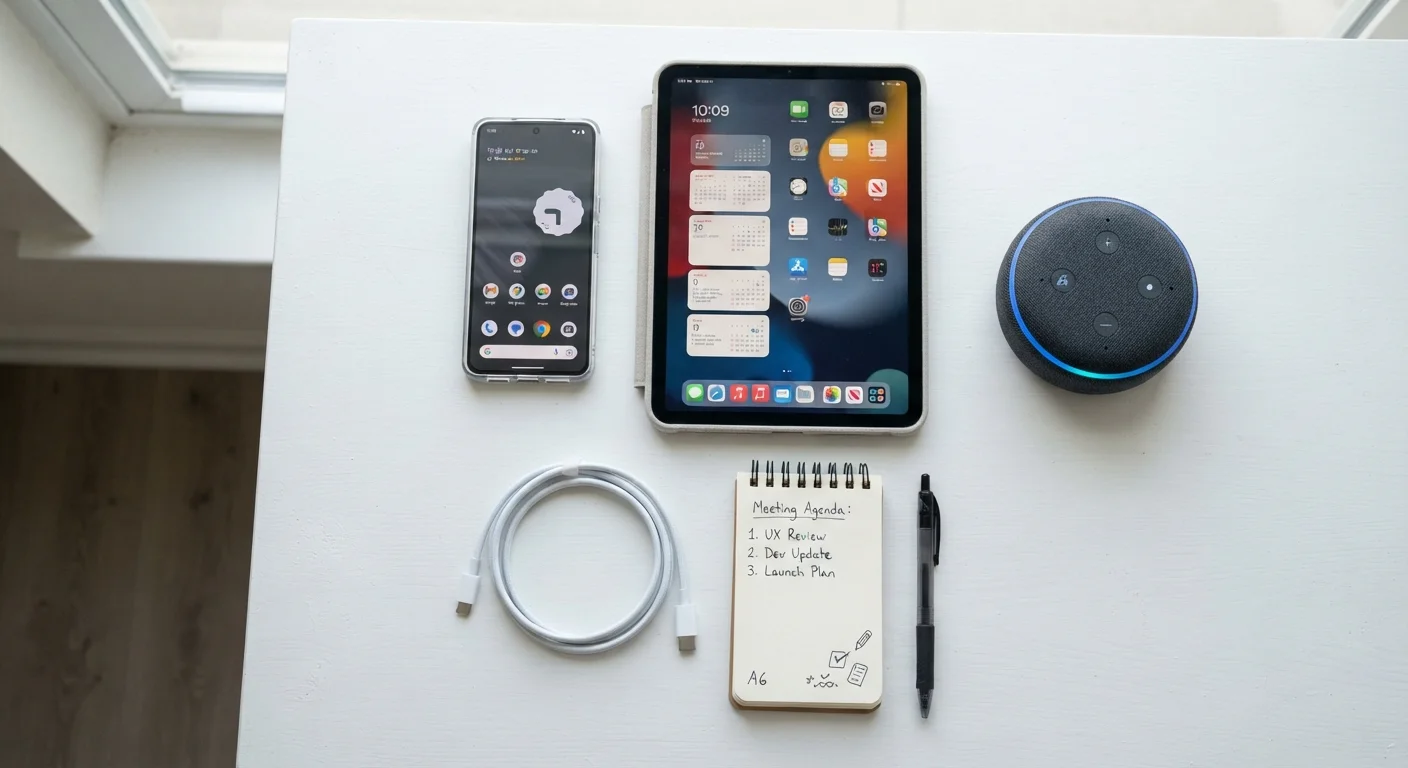 New smartphone, tablet, and smart speaker arranged neatly on a white surface with a charging cable.