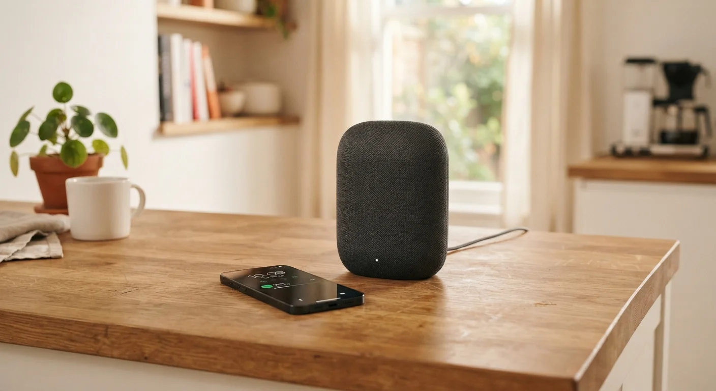 A smart speaker on a kitchen counter next to a smartphone in a well-lit home.