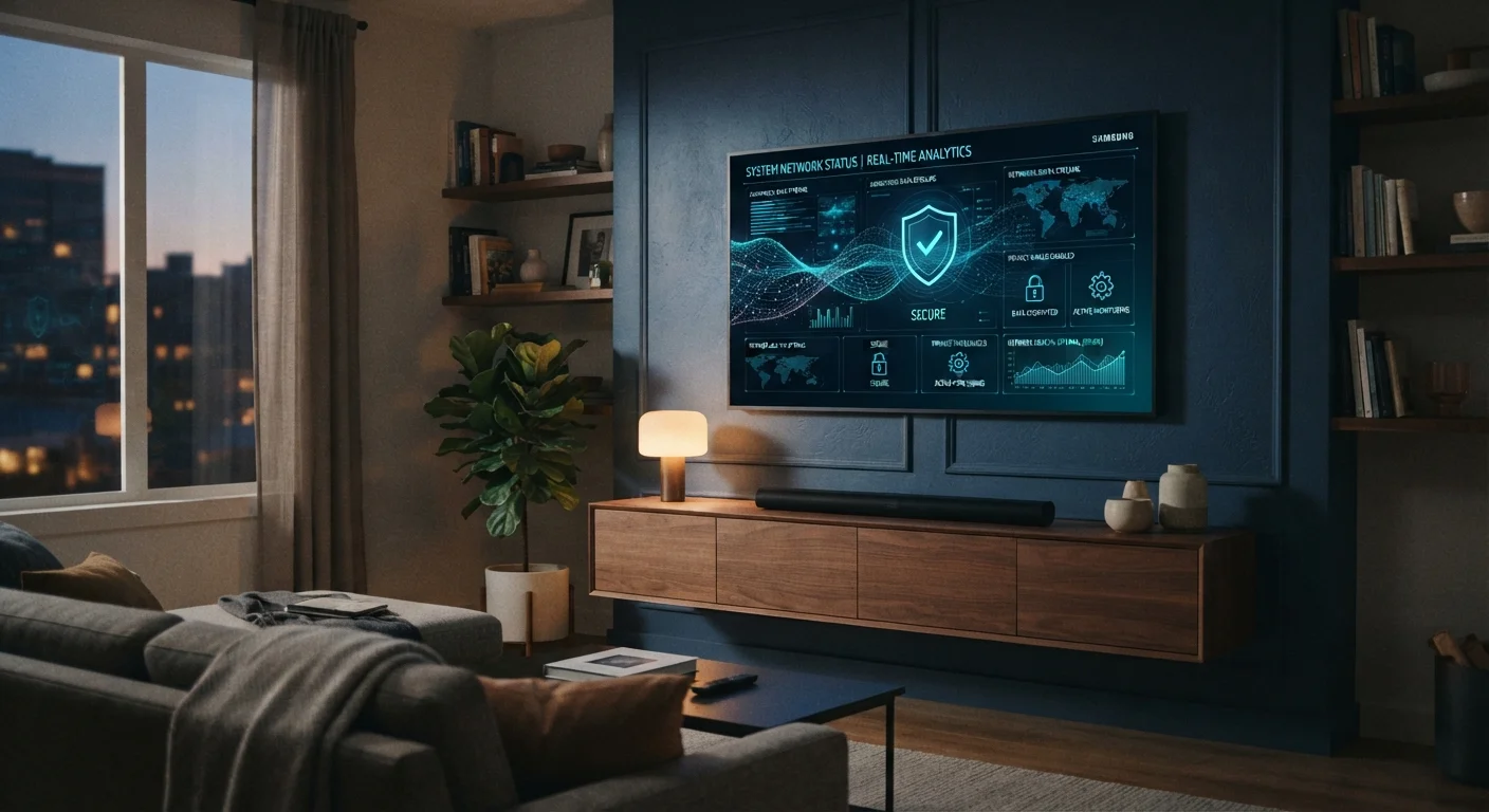 A smart TV on a living room wall displaying a data privacy interface with glowing icons