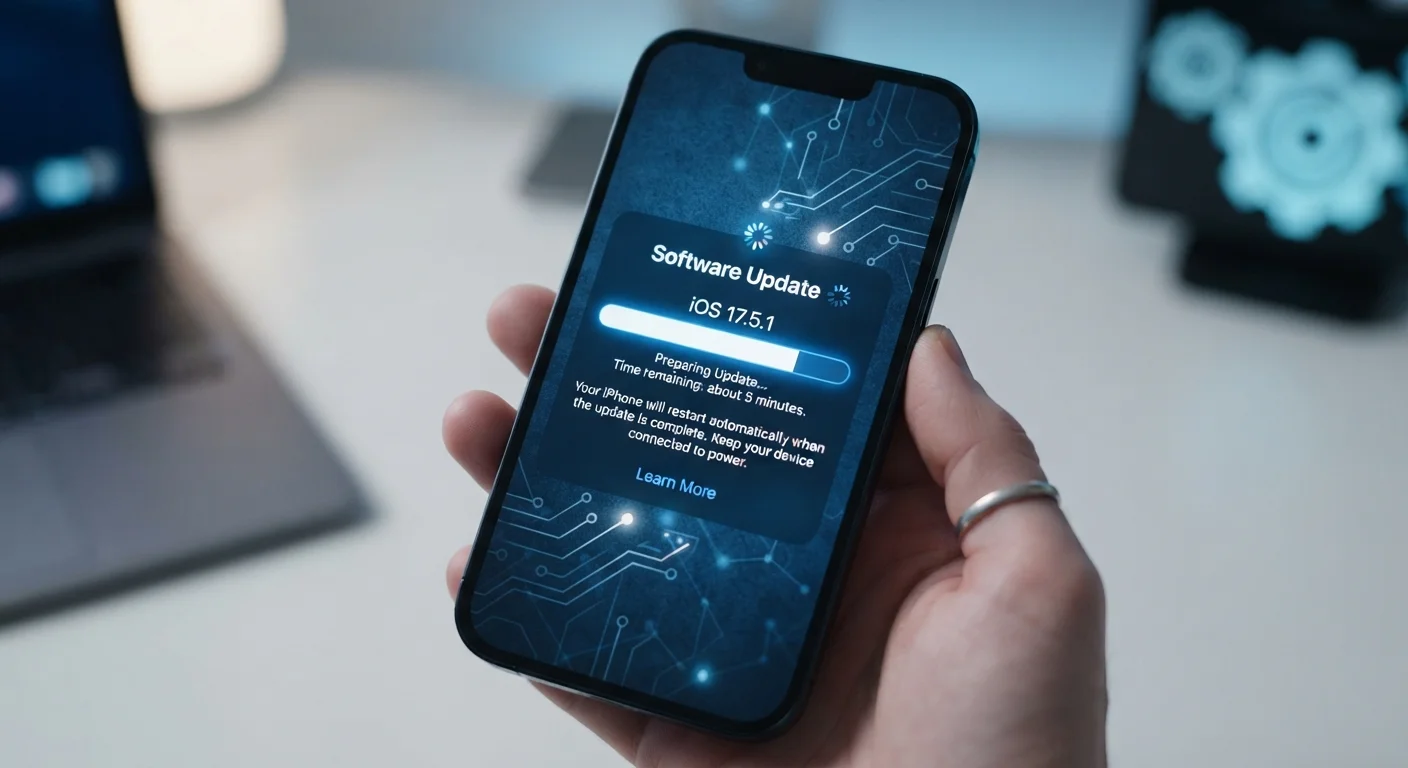Smartphone screen showing a software update progress bar with a glowing interface