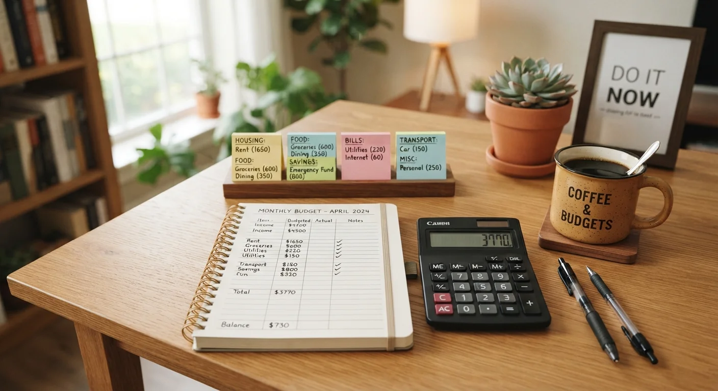 A budget notebook with categorized spending items laid out on a tidy desk.