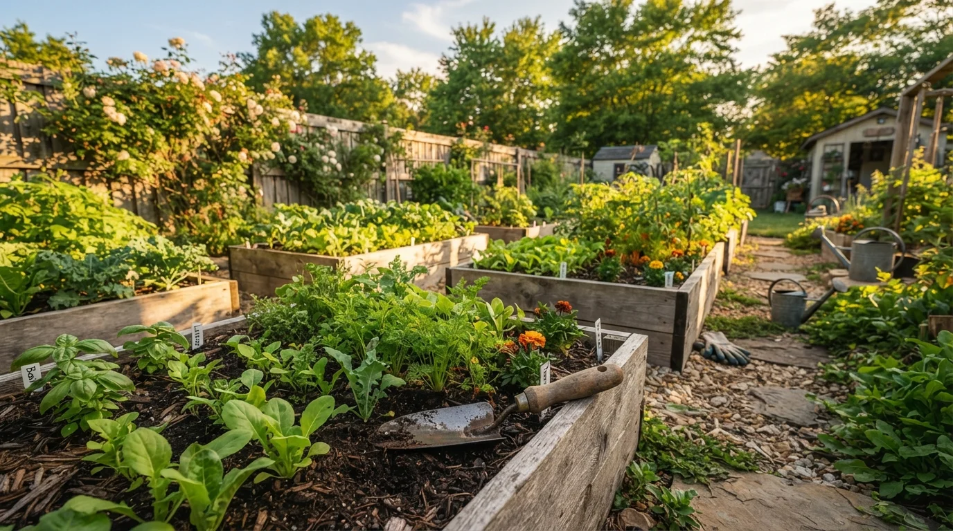A sunny backyard vegetable garden with raised wooden beds and young green seedlings growing in rich soil