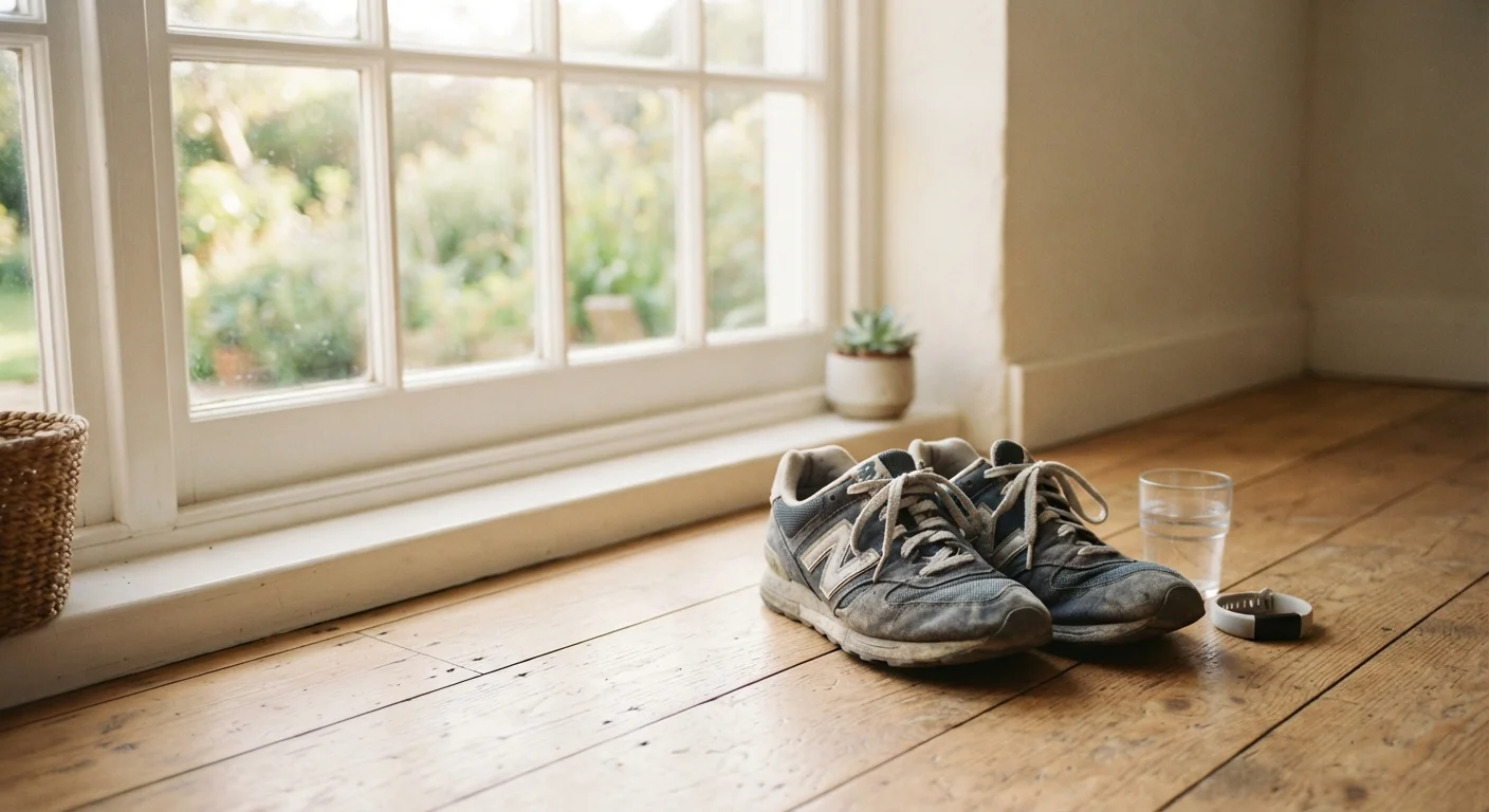 A pair of sneakers near a sunny window symbolizing the beginning of a new workout routine