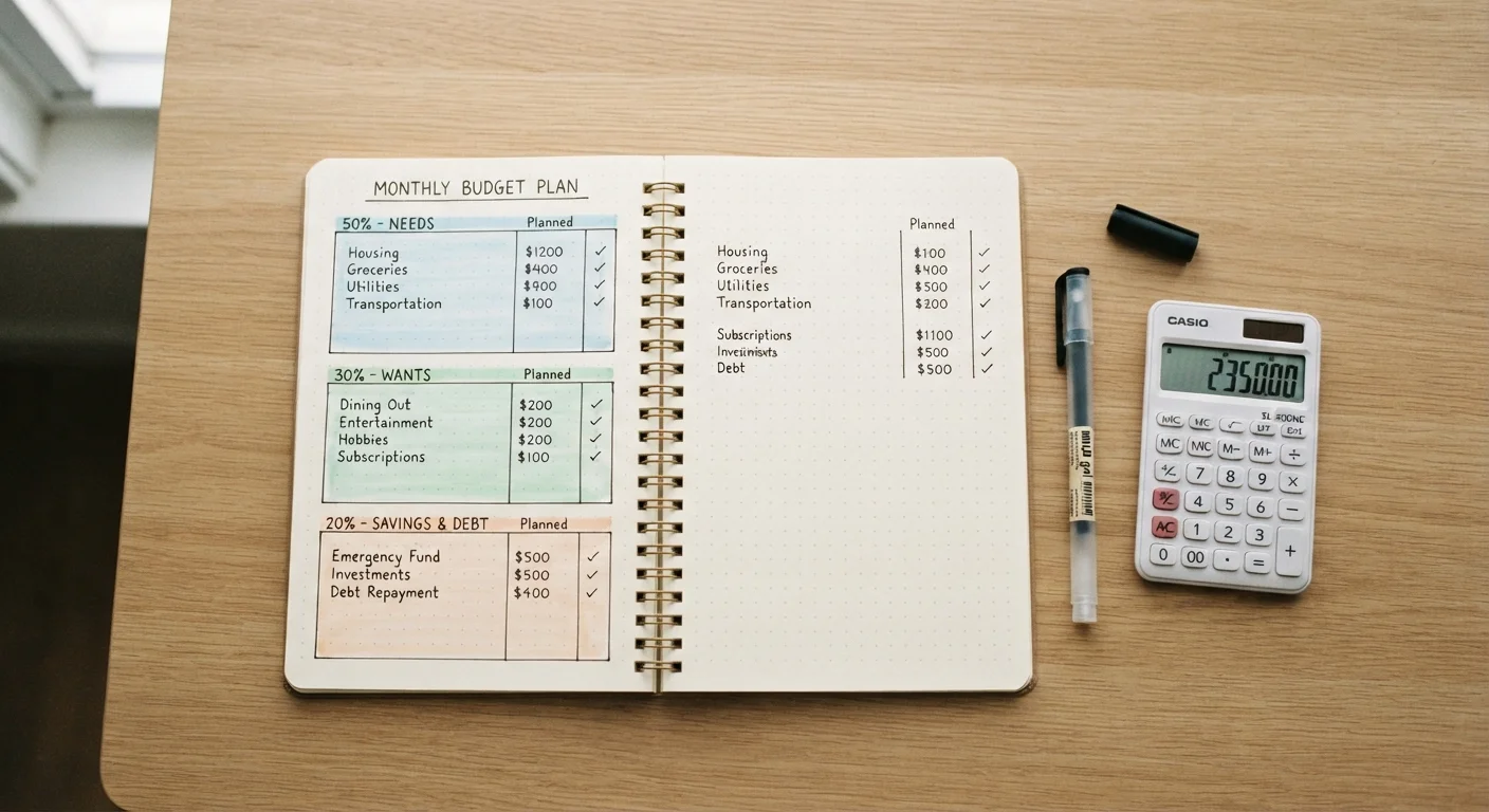 Open notebook showing a budget divided into three labeled percentage sections with a pen and calculator