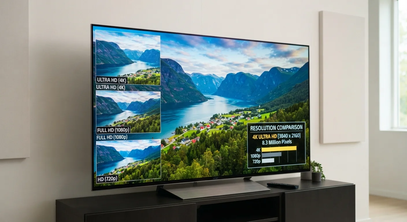 A modern flat-screen TV displaying a vibrant high-resolution landscape image in a living room