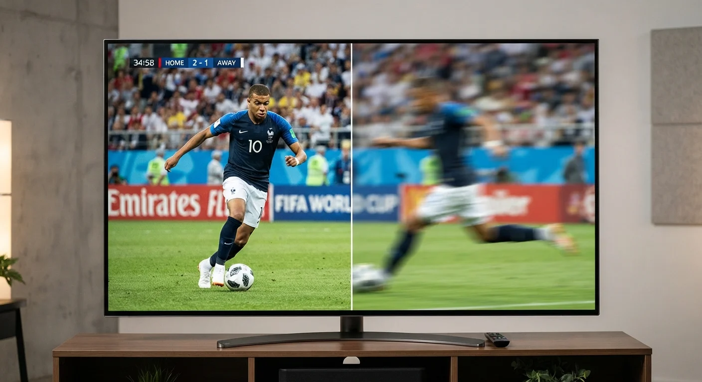 A modern flat-screen TV showing the contrast between motion blur and sharp fast-motion clarity
