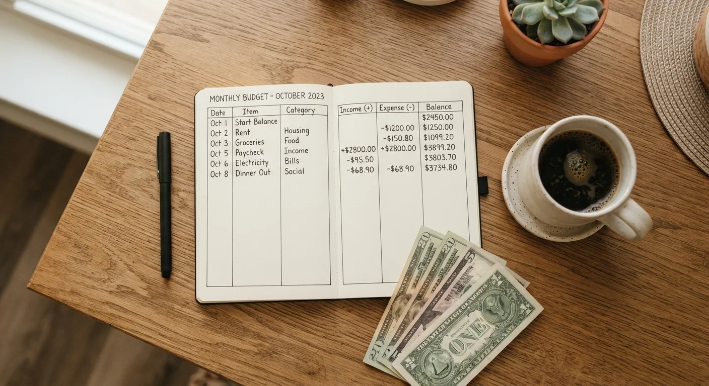 Notebook with hand-drawn budget chart alongside dollar bills and a pen on a wooden desk