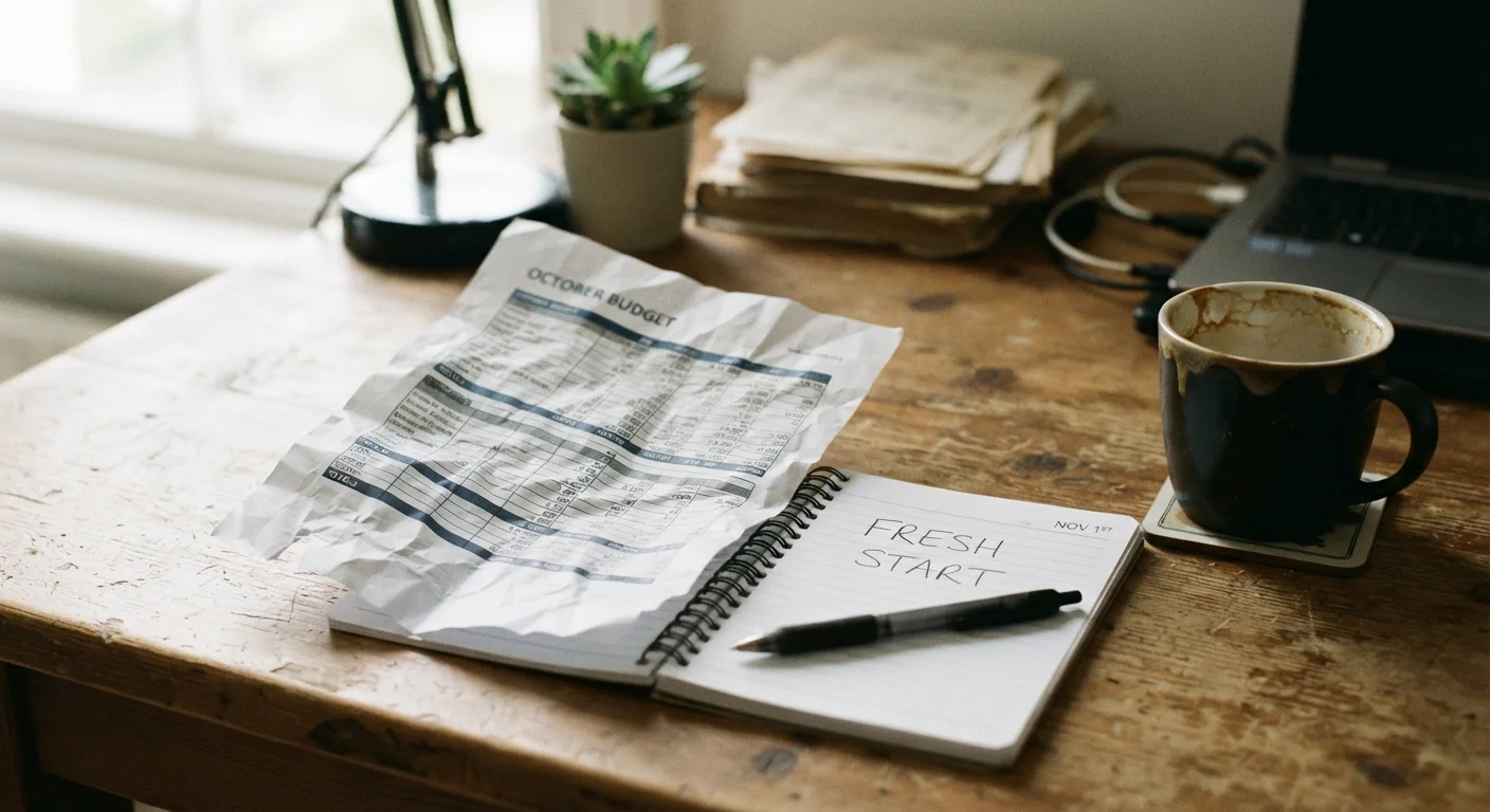 Crumpled budget worksheet on a desk beside a pen and coffee mug