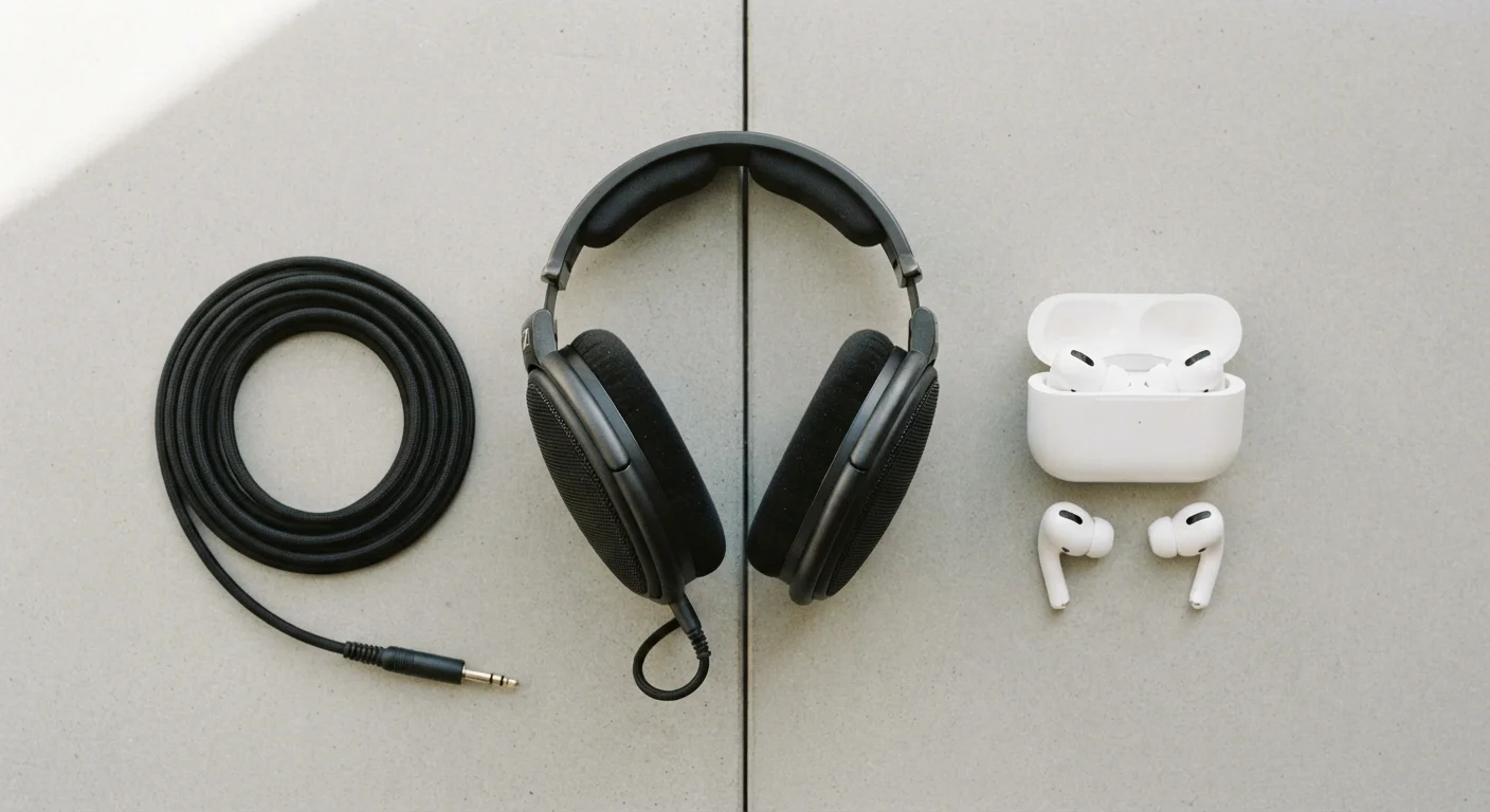 Wired headphones with cable placed next to wireless earbuds on a neutral background