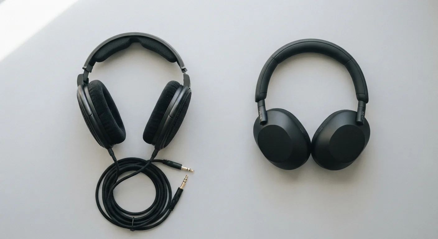 Wired headphones with cable placed next to wireless over-ear headphones on a grey surface.