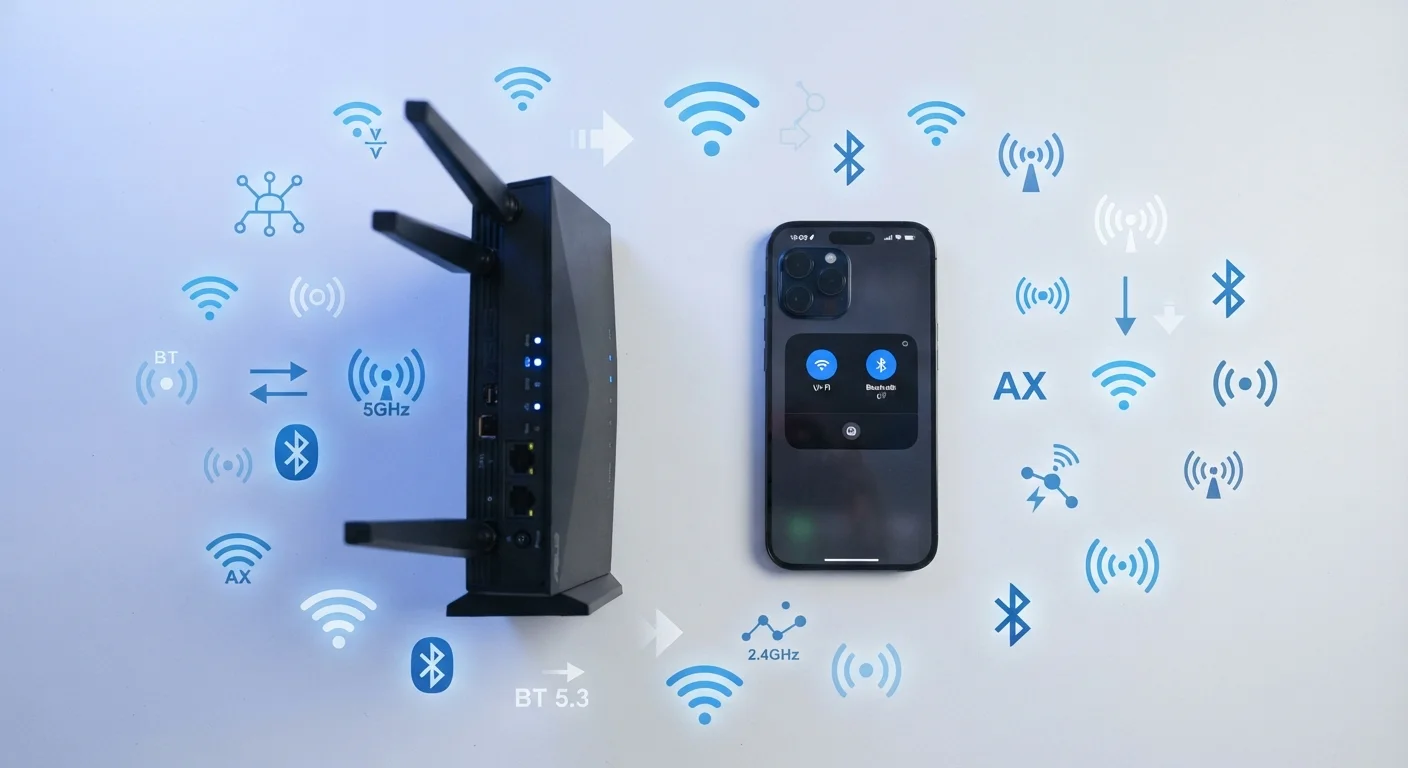 Wireless router and smartphone displayed together with Wi-Fi and Bluetooth signal icons