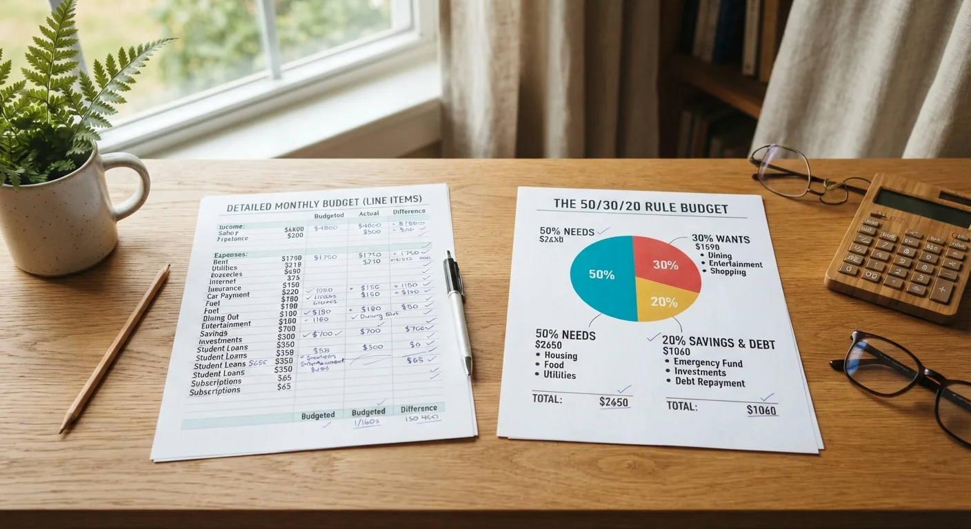 Two budget worksheets side by side representing zero-based and percentage-based budgeting methods